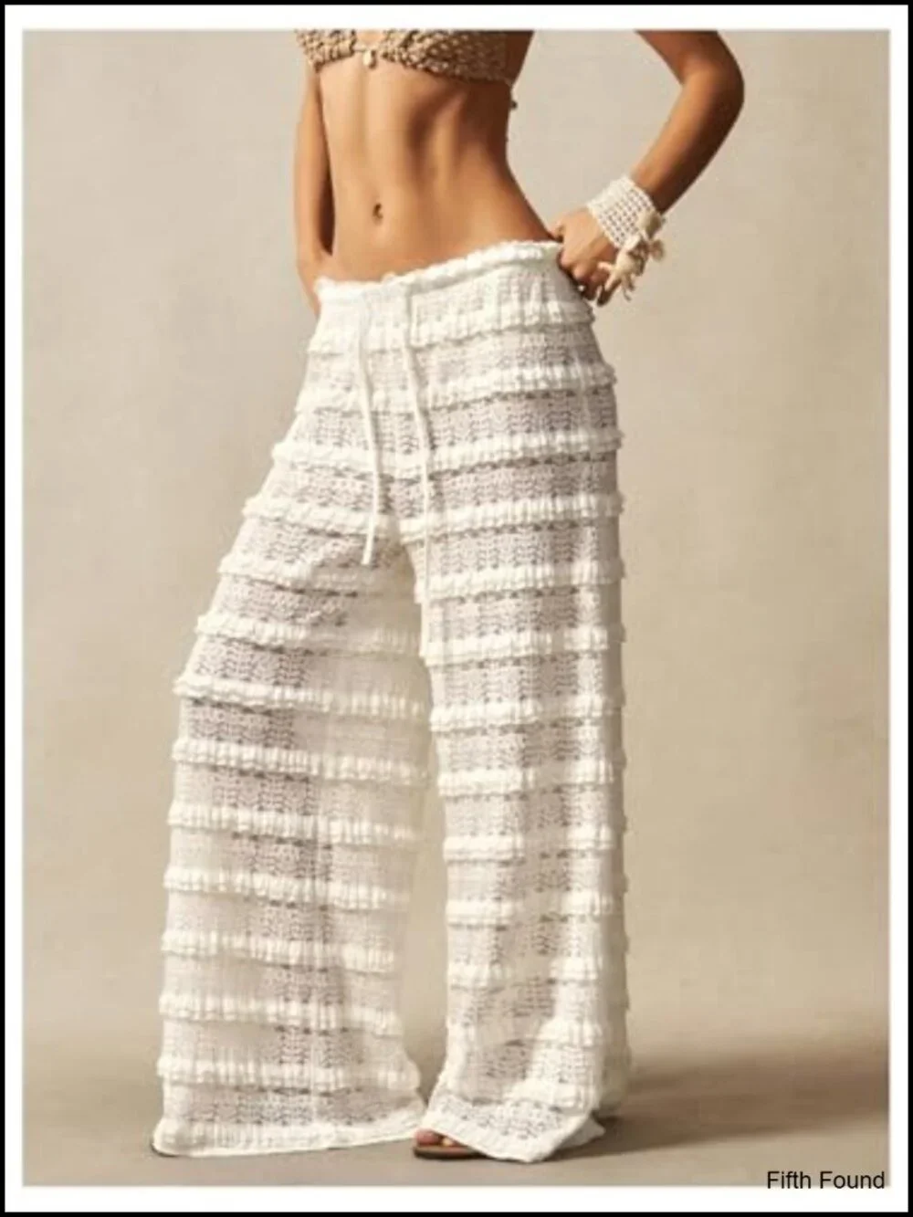 Crochet Lace Mesh Pants Ruffle Layered Elastic Waist Bathing Suit Cover Up